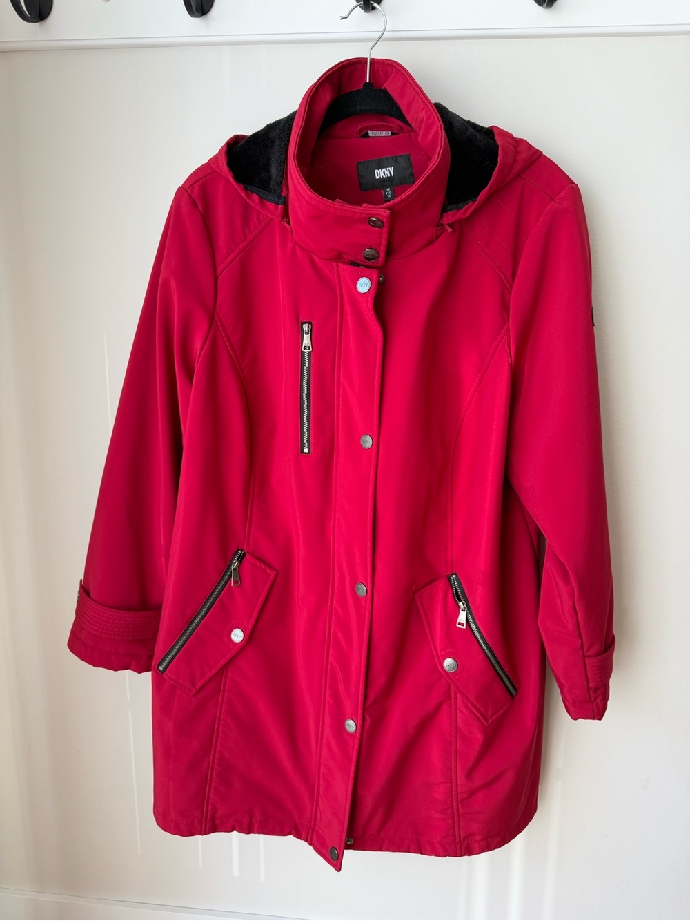 DKNY Red Hooded Utility Jacket with Zip Pockets